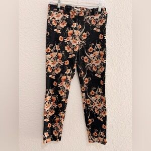 H&M Floral Print Ankle Cigarette Trousers | Black Orange Tapered Pants